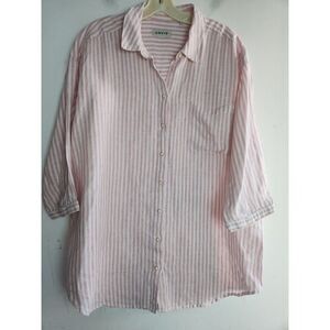 ORVIS Women Pink & White Stripped 100% Linen Button Down Shirt size Large